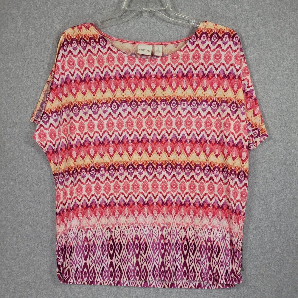 Chico's Top 3 XL Split Short Sleeves Watercolor Geometric Print Ruched Sides